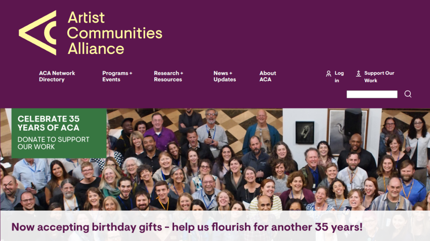 Artist Communities Alliance website with navigation and a call to celebrate 35 years and donate to support their work