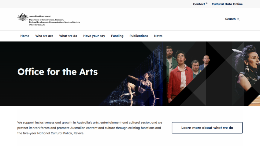 Australian Government Office for the Arts homepage promoting inclusiveness and growth in arts and culture