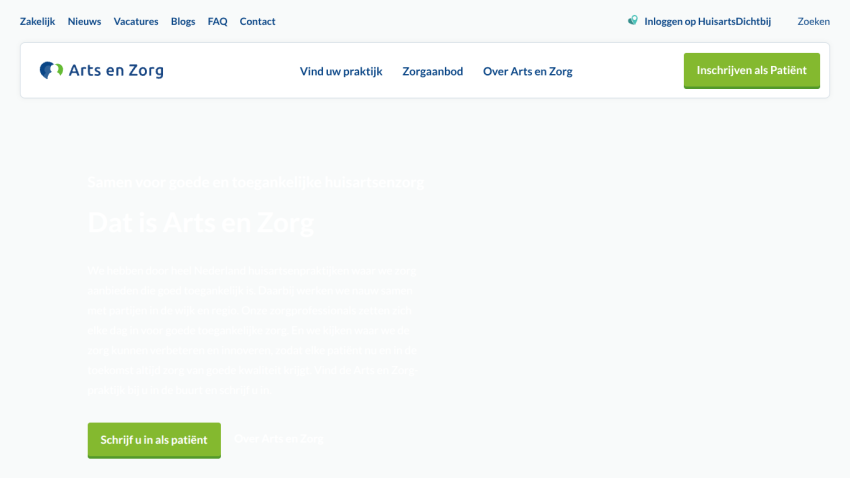 Homepage of Arts en Zorg with navigation and a hero section describing accessible general practitioner care in the Netherlands
