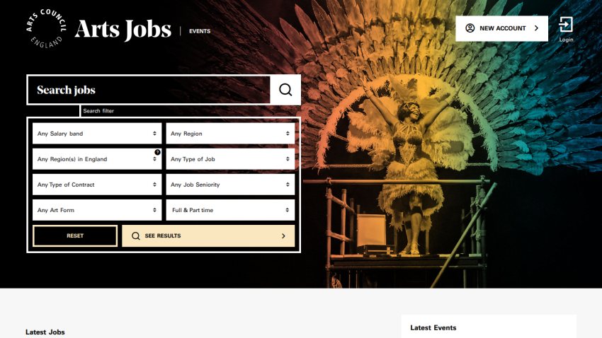 Arts Jobs site with search filters for salary, region, job type, contract, and art form, plus a colorful performer image