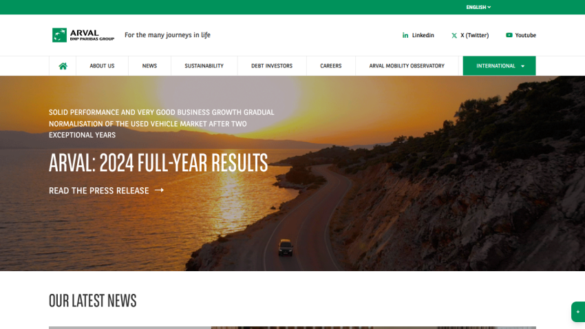 Arval 2024 full-year results announcement with scenic road and sunset background.