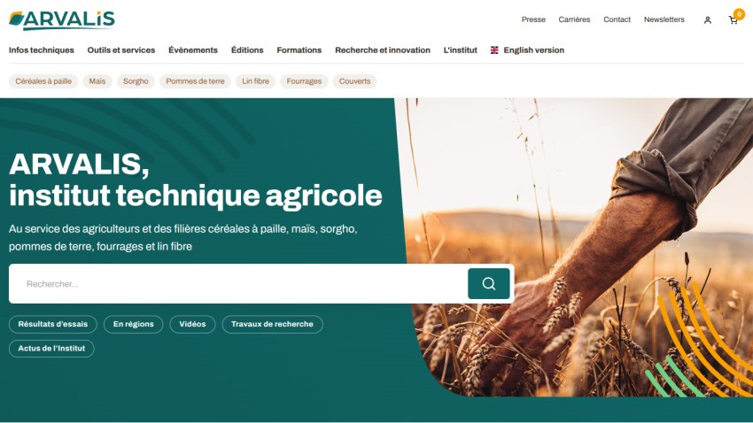ARVALIS agricultural technical institute homepage with search bar and navigation in French