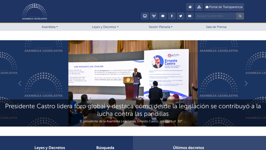 Legislative Assembly website showing news about President Castro leading a global forum on legislation against gangs