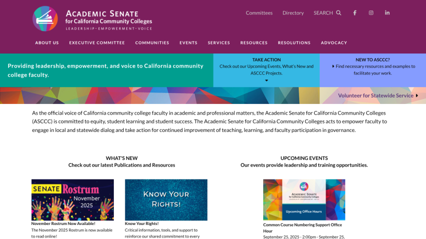 Academic Senate for California Community Colleges homepage with leadership message, navigation menu, and upcoming events