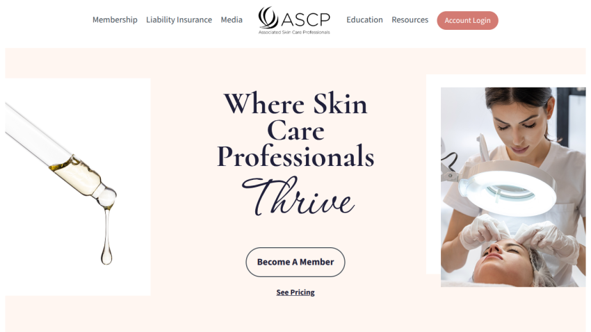 Homepage for Associated Skin Care Professionals with navigation, logo, hero text inviting to become a member, and skincare treatment images