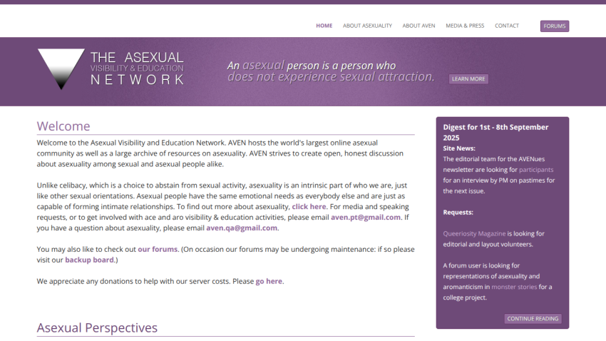 Homepage of The Asexual Network with welcome message and navigation links.