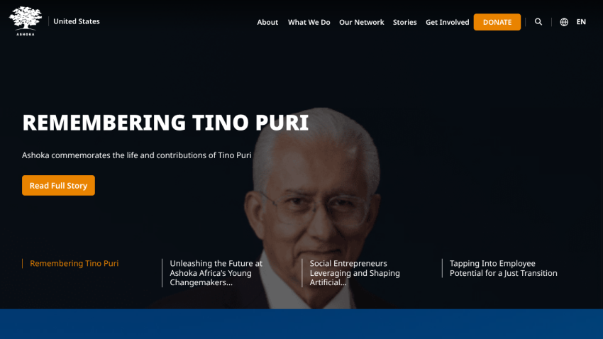 Homepage featuring a tribute to Tino Puri with a call to action to read his story.