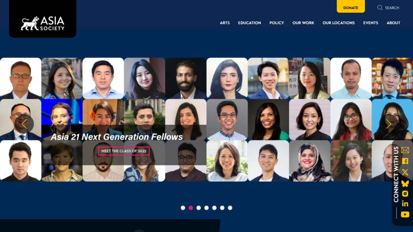 Homepage featuring Asia Society's Next Generation Fellows with images and navigation.