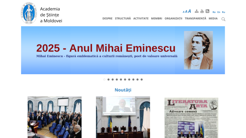 Academia de Științe a Moldovei website highlighting 2025 as Mihai Eminescu Year with news section below