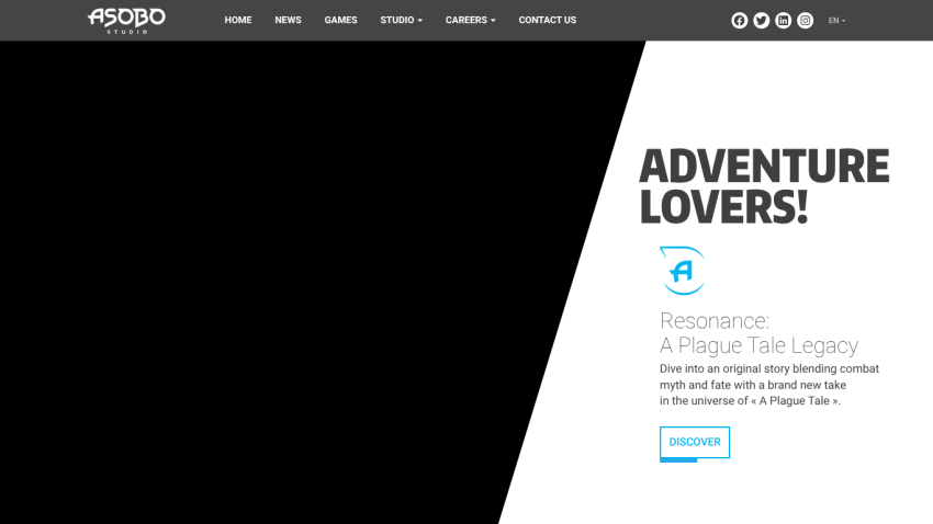 Asobo Studio website header with navigation and hero section promoting Resonance: A Plague Tale Legacy game
