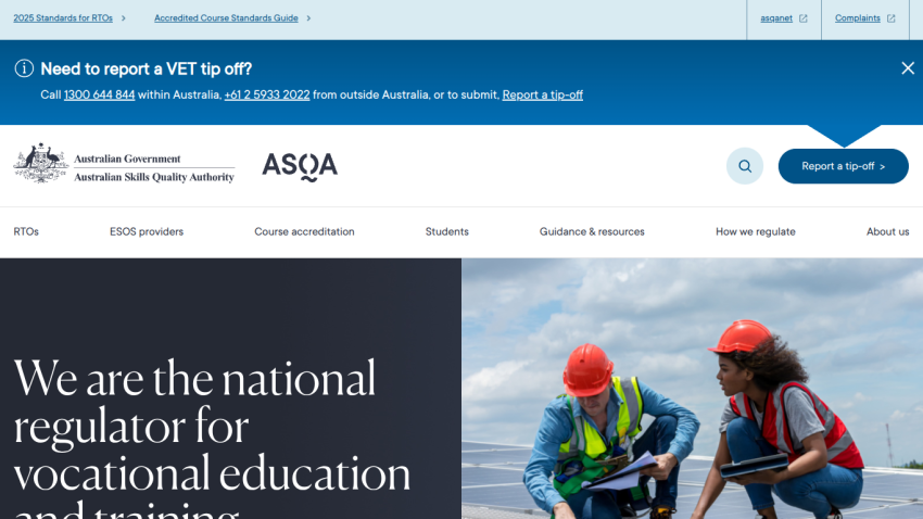 Australian Skills Quality Authority homepage stating it is the national regulator for vocational education with workers in safety gear on solar panels