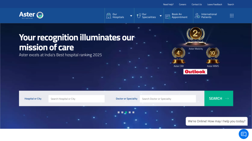 Aster hospital website with navigation menu, mission statement, hospital rankings, and search bar for hospital or doctor.
