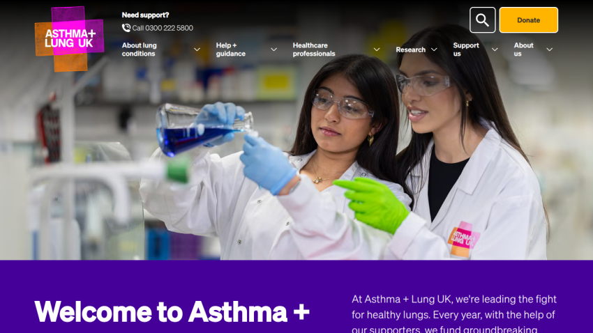 Homepage of Asthma + Lung UK featuring two women in lab coats conducting an experiment.