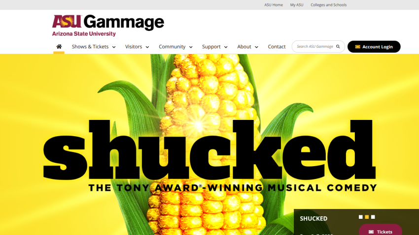 ASU Gammage homepage promoting the Tony Award-winning musical comedy Shucked with ticket options