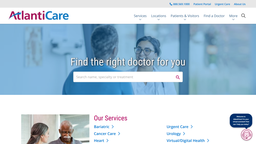 Healthcare website homepage with doctor search feature and list of medical services