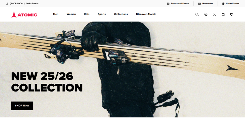 Homepage featuring the new 25/26 ski collection with a prominent call to action.