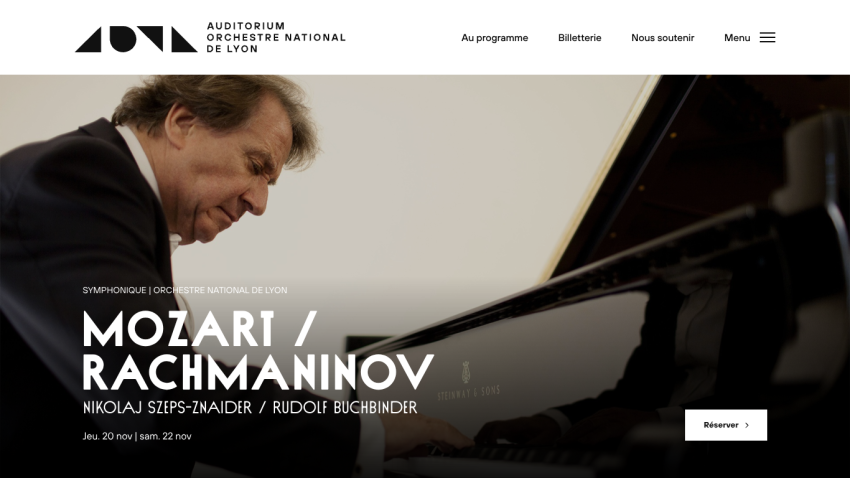 Auditorium Orchestre National de Lyon website featuring Mozart and Rachmaninov concert with pianist at piano and booking button