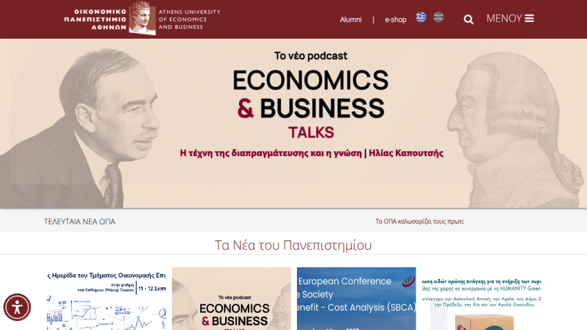 Podcast section featuring 'Economics & Business Talks' with images of two historical figures.
