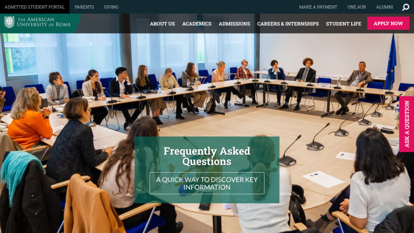 American University of Rome FAQ page with a group meeting image and text about discovering key information
