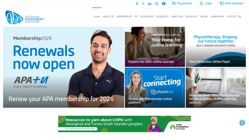 Australian Physiotherapy Association homepage showing membership renewals, online learning, white paper, and member platform access
