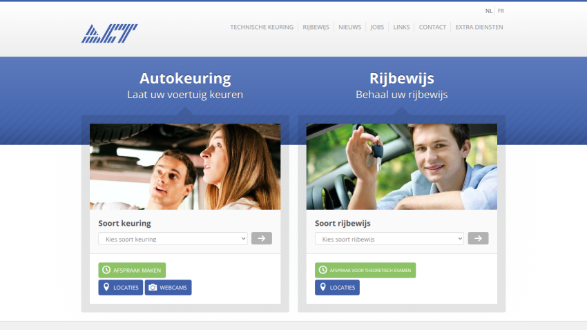 Website offering vehicle inspection and driving license services with appointment booking and location options
