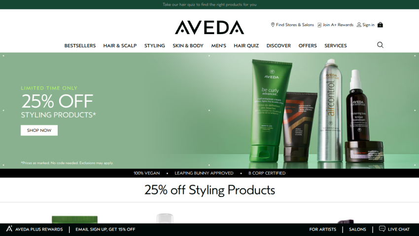 Aveda homepage featuring a 25% off promotion on styling products and product images.
