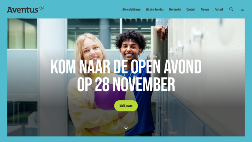 Website header with navigation and hero section promoting an open evening event on November 28 with a call to action button