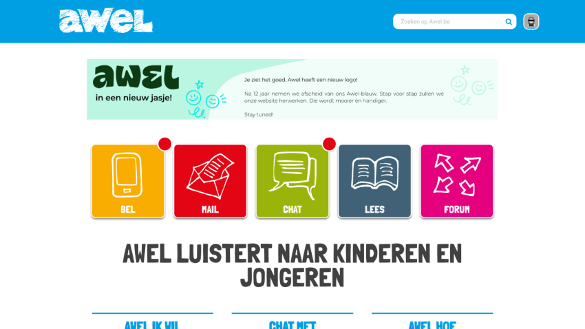 Awel website with new logo announcement, navigation icons for call, mail, chat, read, forum, and headline about listening to children and youth