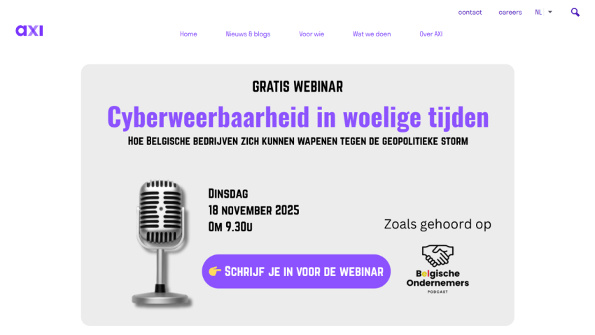 Free webinar on cybersecurity resilience for Belgian companies on November 18, 2025, with registration button and podcast mention.