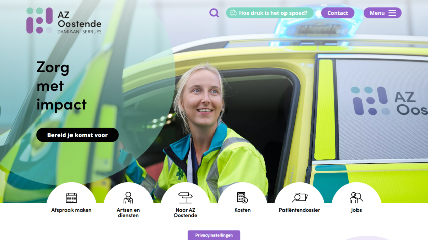Hospital website header with navigation and hero image of a smiling paramedic by an ambulance, text about impactful care.
