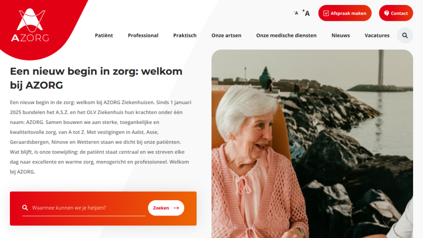 AZORG healthcare site welcoming visitors with info on new hospital merger and patient-centered care, plus search bar and navigation.