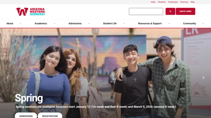 Arizona Western College homepage with navigation and spring semester registration announcement featuring four smiling students