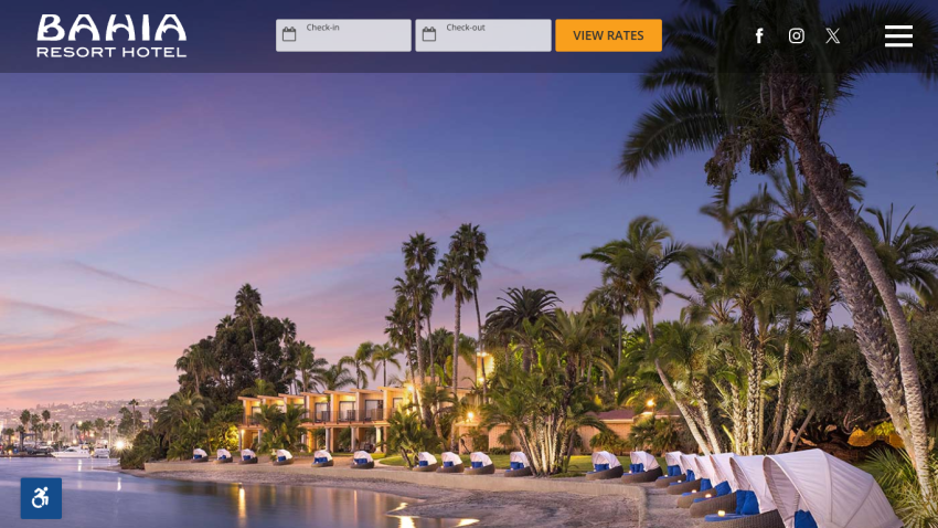 Bahia Resort Hotel website header with booking form and sunset beach view with palm trees and lounge chairs