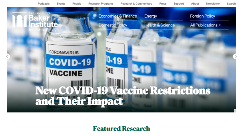 Baker Institute's featured research on COVID-19 vaccine restrictions and their impact.