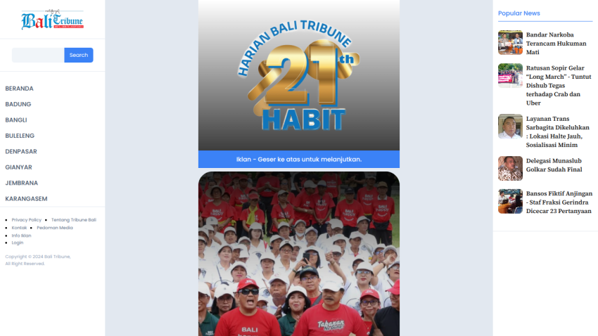 Bali Tribune news website with navigation menu, 21st Habit logo, crowd photo, and popular news list