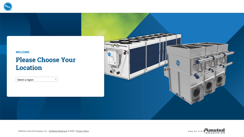 Welcome page prompting user to choose location with dropdown and images of industrial air conditioning units