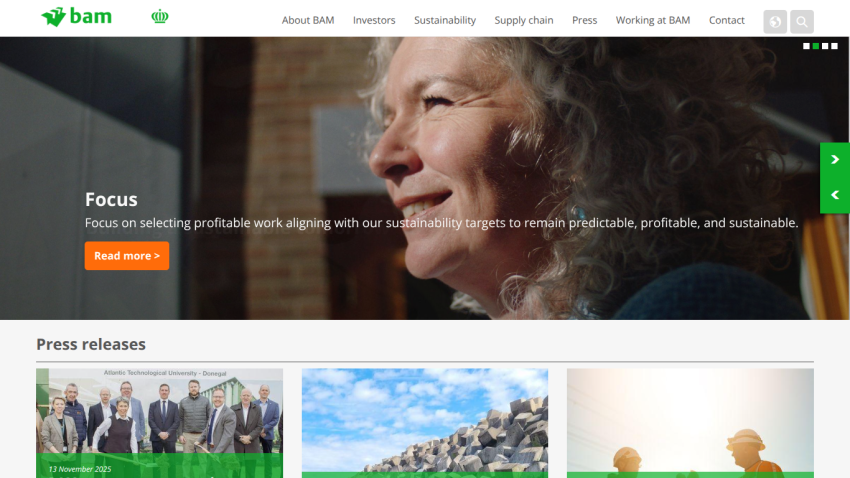Homepage with navigation bar, hero image of a smiling woman, and press releases section below.