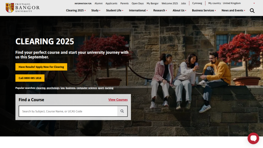 Bangor University Clearing 2025 page with course search and students in a garden setting.