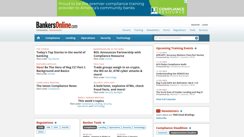 BankersOnline homepage showing compliance training banner, latest compliance news, and upcoming training events sections