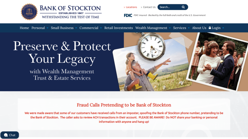 Bank of Stockton homepage with navigation and hero promoting wealth management, trust, and estate services