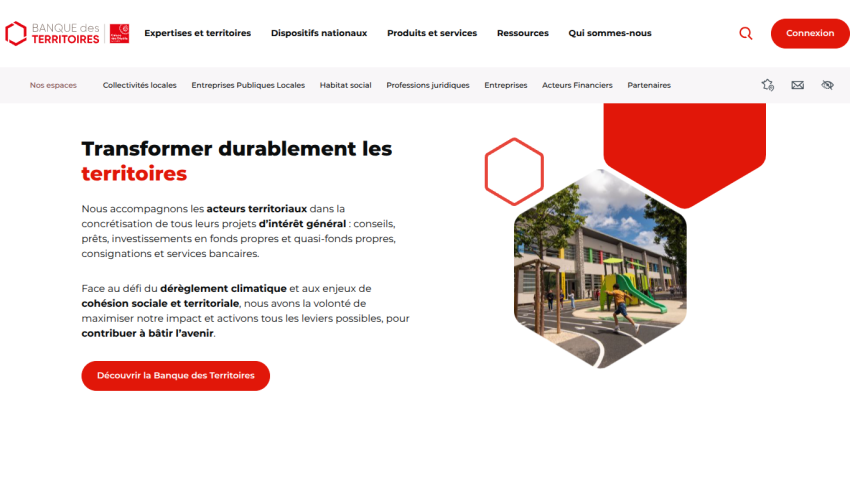 Homepage promoting sustainable transformation of territories with a visual of a community space.