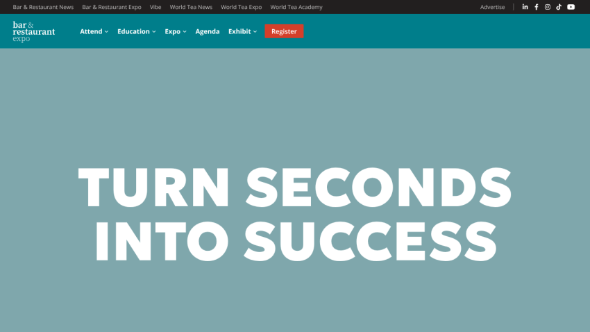 Bar & Restaurant Expo website with navigation menu and headline 'Turn Seconds Into Success'