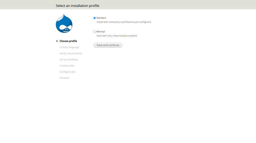 Installation profile selection screen with options for Standard or Minimal and a Save and continue button