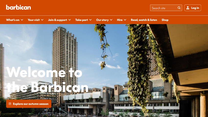 Welcome message and exploration prompt for the Barbican cultural venue.