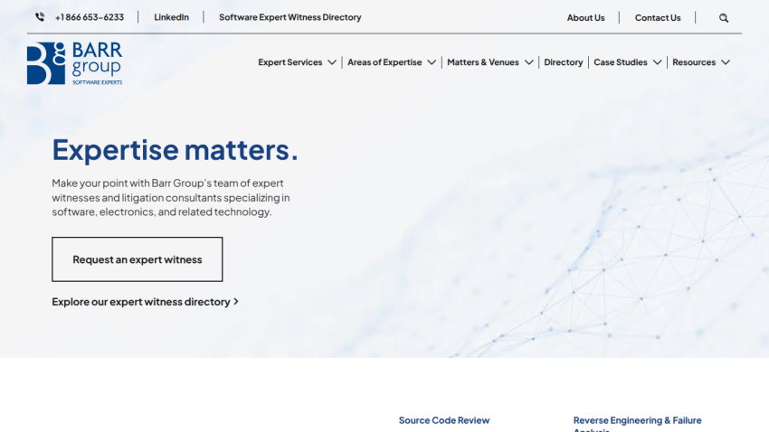 Barr Group homepage with headline Expertise matters and options to request an expert witness or explore directory.