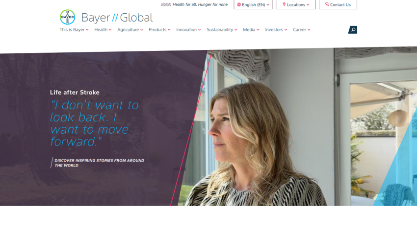 Bayer Global homepage featuring a woman reflecting on life after a stroke.