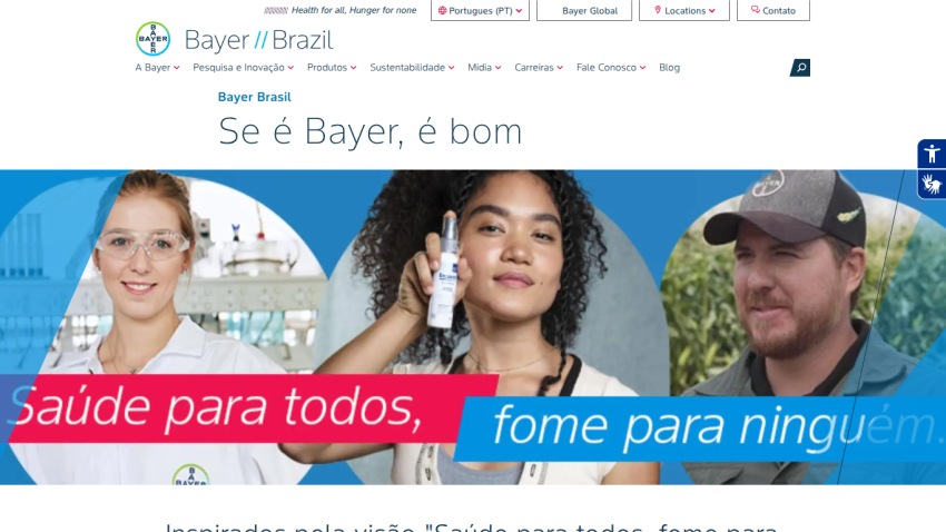 Bayer Brazil homepage with slogan 'Saúde para todos, fome para ninguém' and diverse people in lab and casual settings
