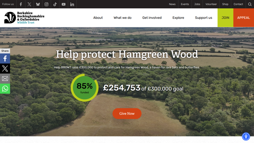 Berkshire Buckinghamshire & Oxfordshire Wildlife Trust fundraising for Hamgreen Wood with progress at 85% of £300,000 goal