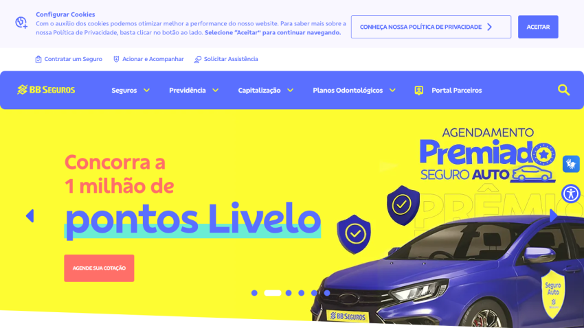 BB Seguros homepage with insurance options and promotion for Livelo points contest, featuring a blue car image