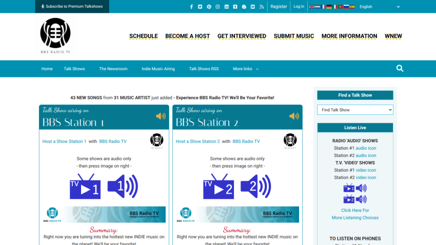 BBS Radio TV homepage with navigation links, music station info, and live talk show options